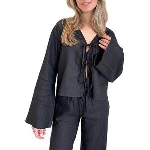 🌿 Women’s Lace-Up V-Neck Linen Shirt – Long Flare Sleeve Tie Front Crop Top